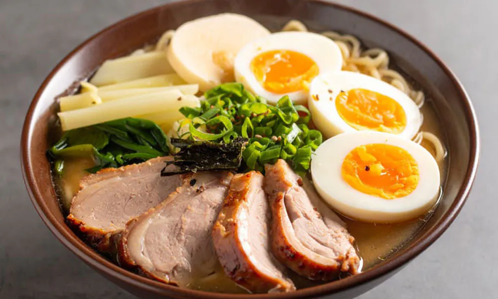 Rich ramen bowl with chashu pork, soft-boiled eggs, and fresh scallions at Sumo Ramen CO., a Chinese Restaurant in Fayetteville